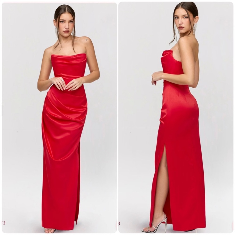 House of CB London XS Adrienne Red Scarlet Strapless Gown Ruched - Picture 2 of 11